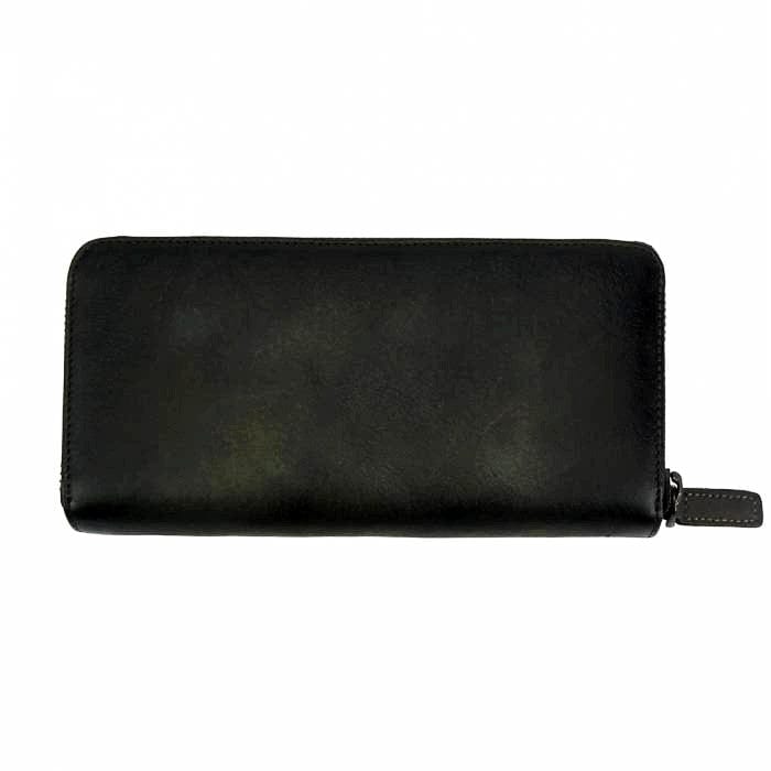 Side view of Spello Long Black Leather Zipper Wallet