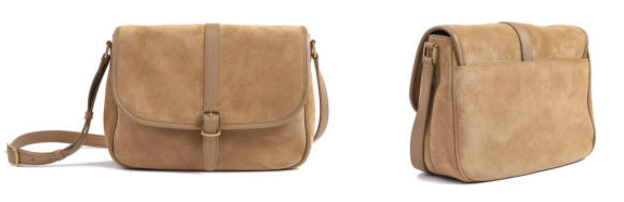 Front and angled view of a natural colored suede bag showing front buckle and shoulder strap