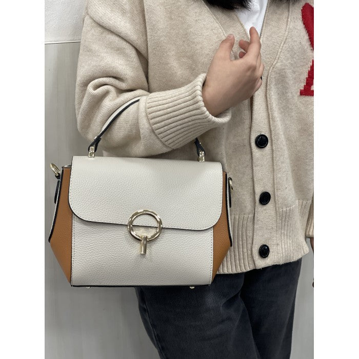 White Italian leather crossbody bag with brown trim and silver buckle
