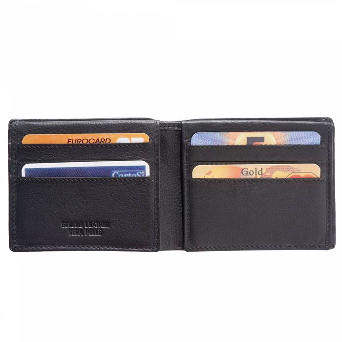 Sleek black Italian leather bifold wallet showing card compartments