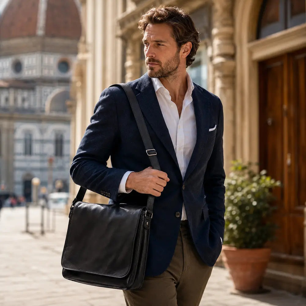 Man carrying a black Italian leather messenger bag in an elegant city setting.