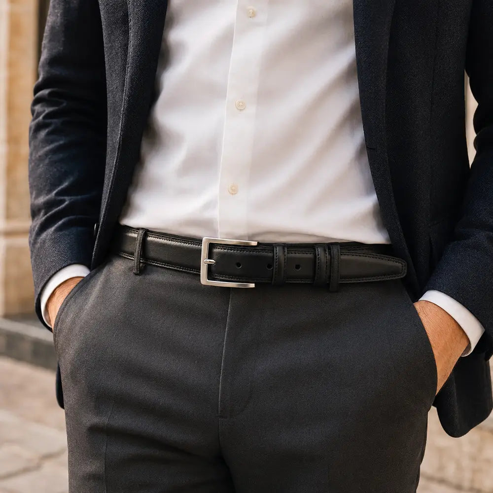 Man wearing a black Italian leather belt with tailored trousers and a blazer.