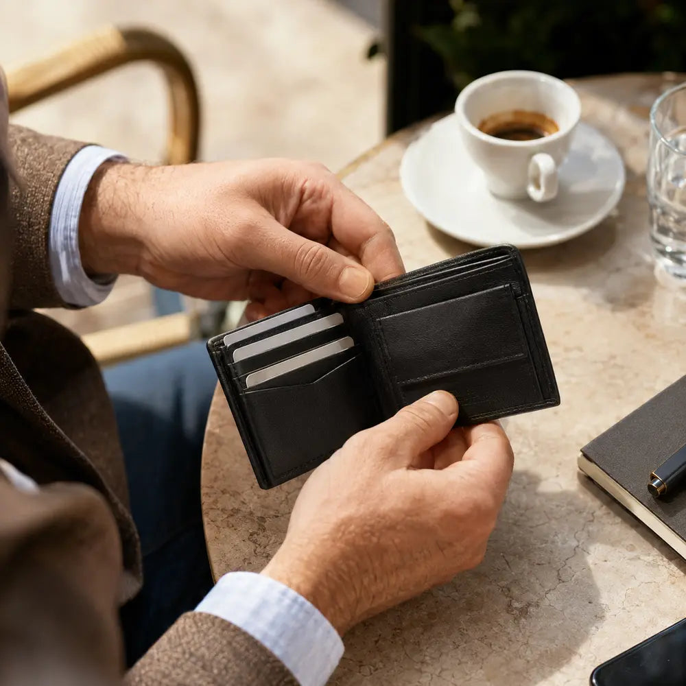 Man opening a black Italian leather bifold wallet at a cafe table.