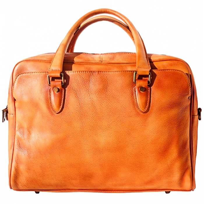 Women's tan leather briefcase with 2 top handles
