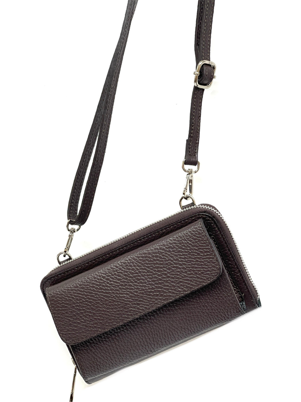 brown leather phone case showing adjustable shoulder strap and fittings - Ava