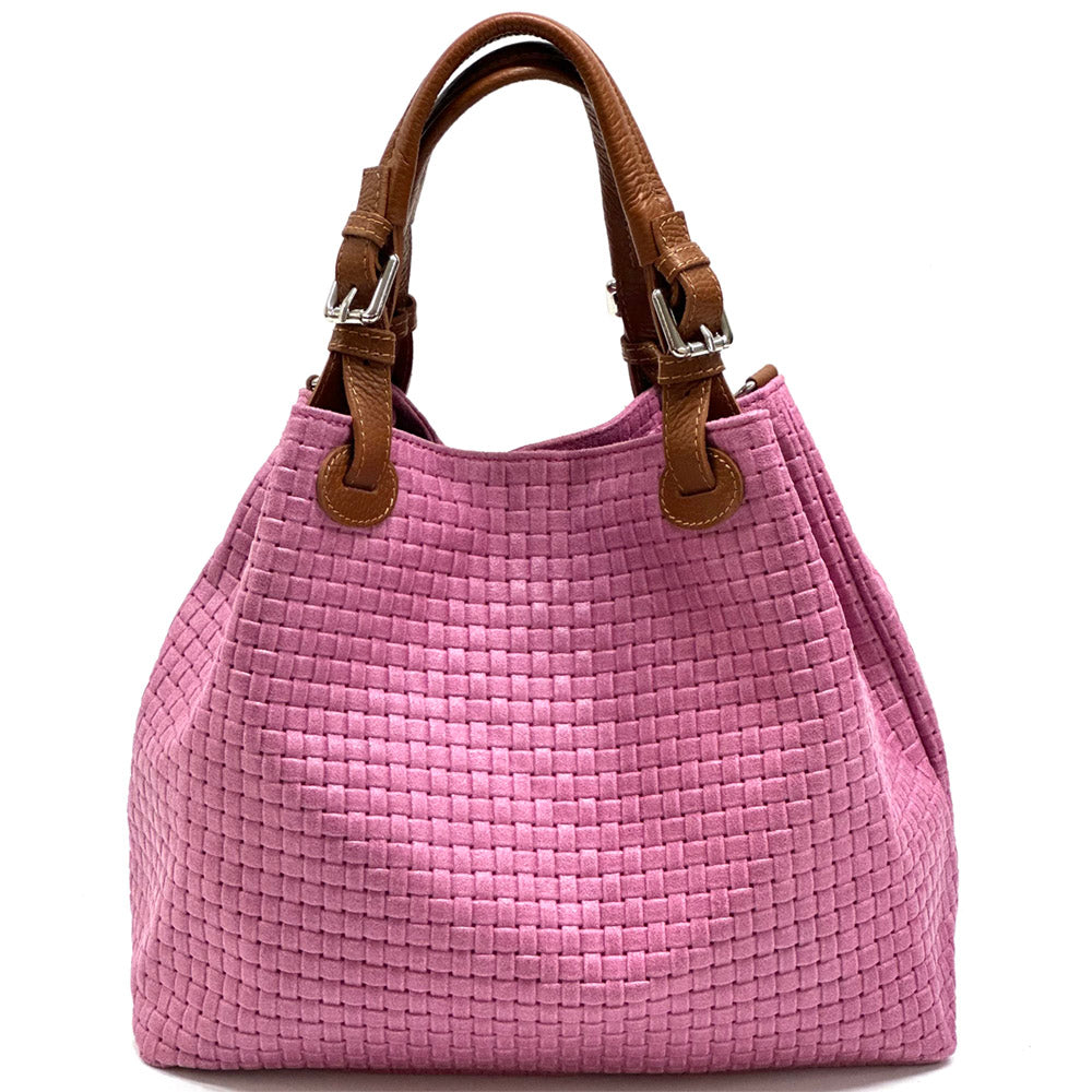 Debora leather shoulder bag in pink with brown handles