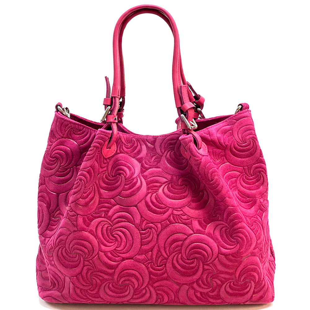 Elsa Italian Suede Tote Bag – Embossed Floral Leather Handbag