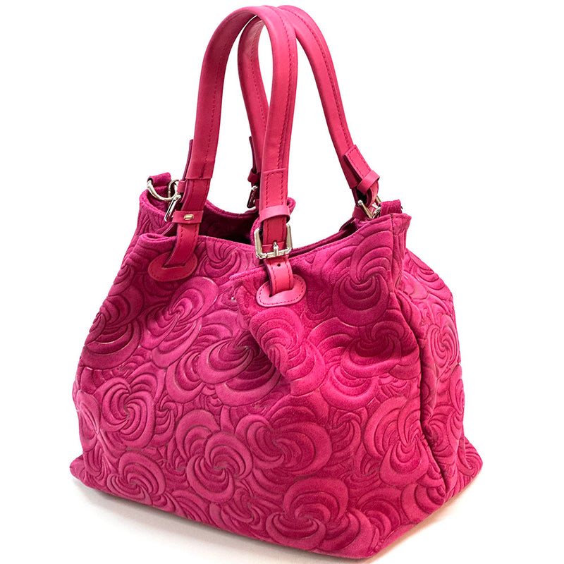Elsa Italian Suede Tote Bag – Embossed Floral Leather Handbag