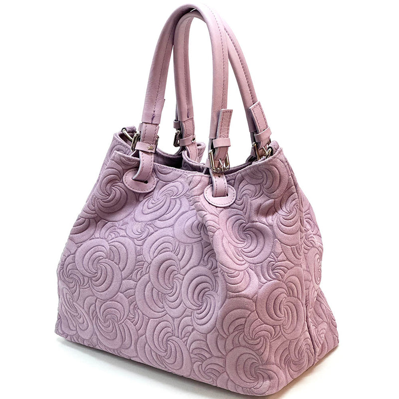 Elsa Italian Suede Tote Bag – Embossed Floral Leather Handbag