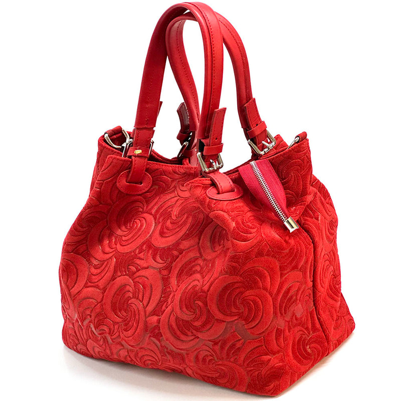 Elsa Italian Suede Tote Bag – Embossed Floral Leather Handbag