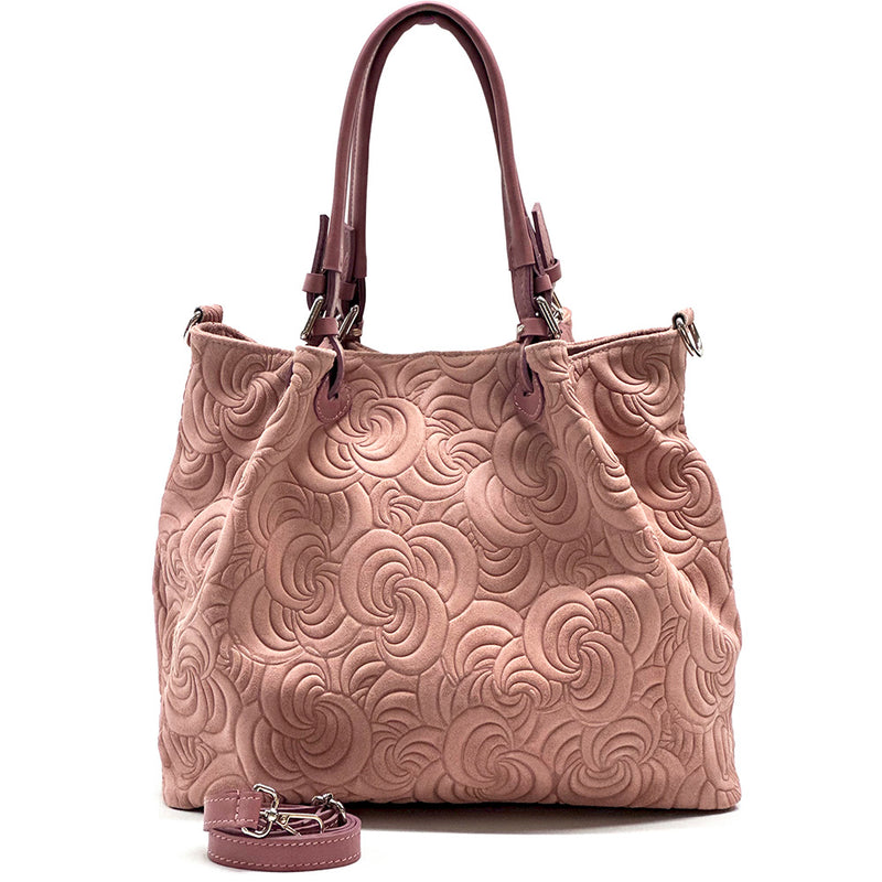 Elsa Italian Suede Tote Bag – Embossed Floral Leather Handbag