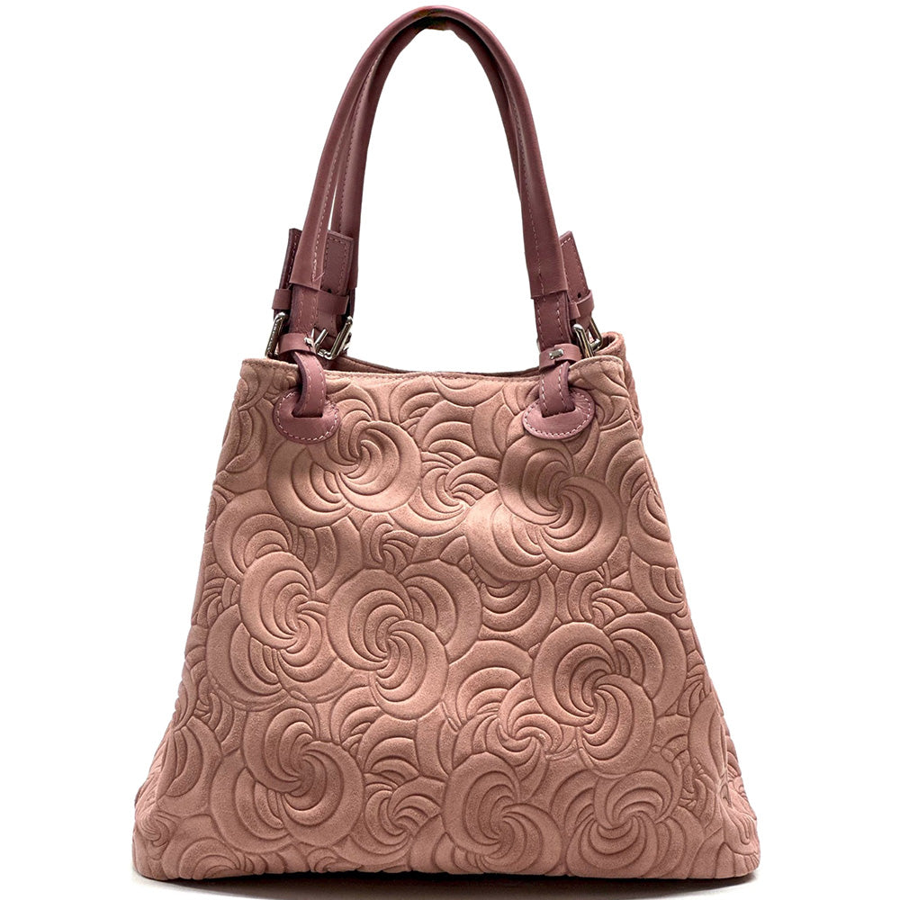Elsa Italian Suede Tote Bag – Embossed Floral Leather Handbag