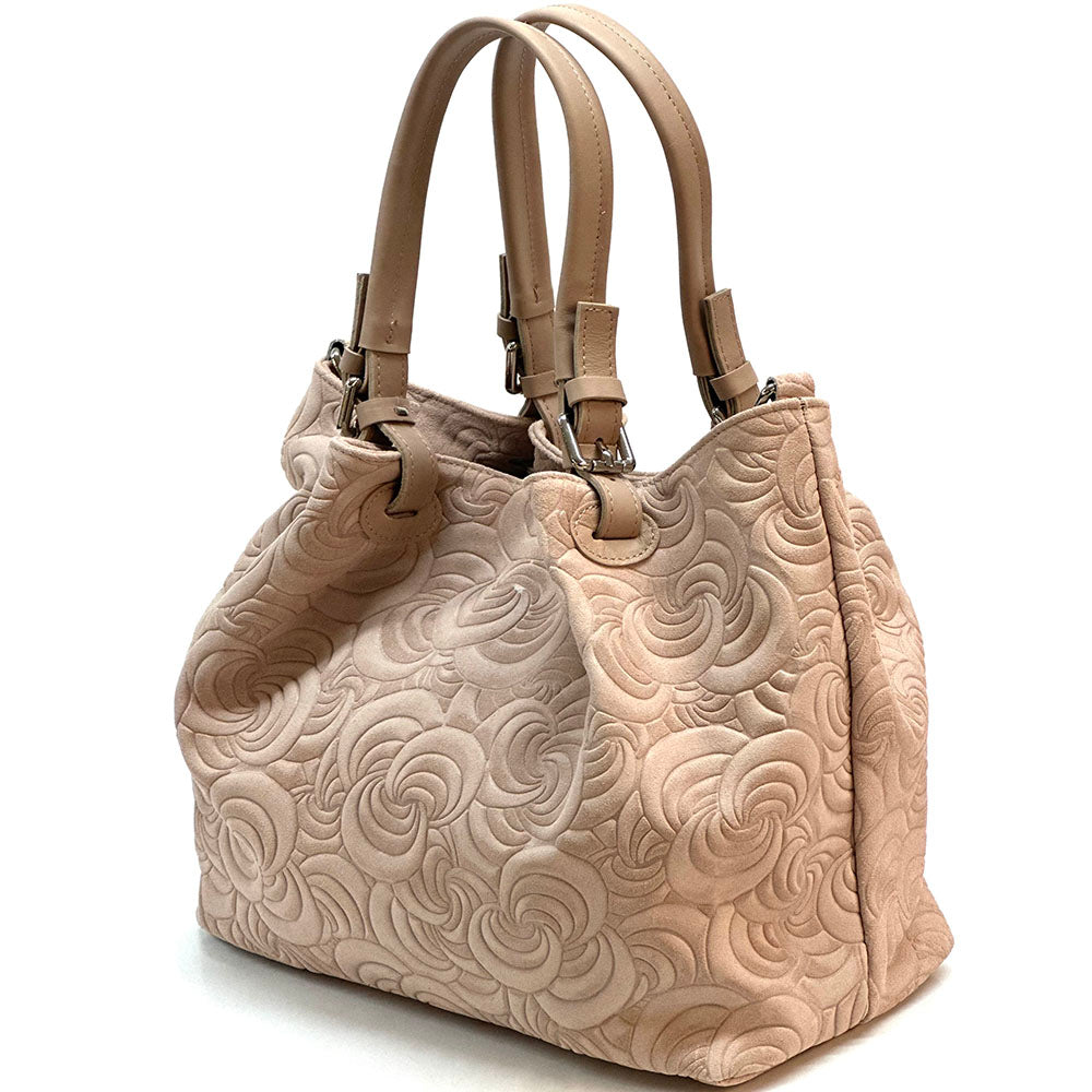 Elsa Italian Suede Tote Bag – Embossed Floral Leather Handbag