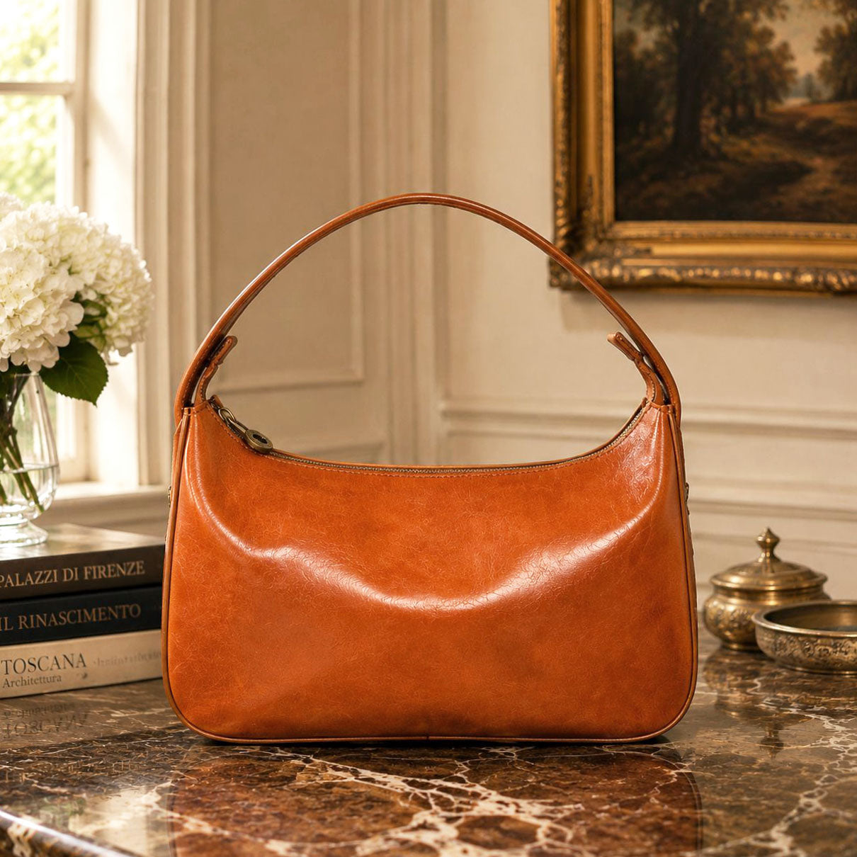 Leonia Hand-Dyed Italian Leather Crescent Hobo Bag