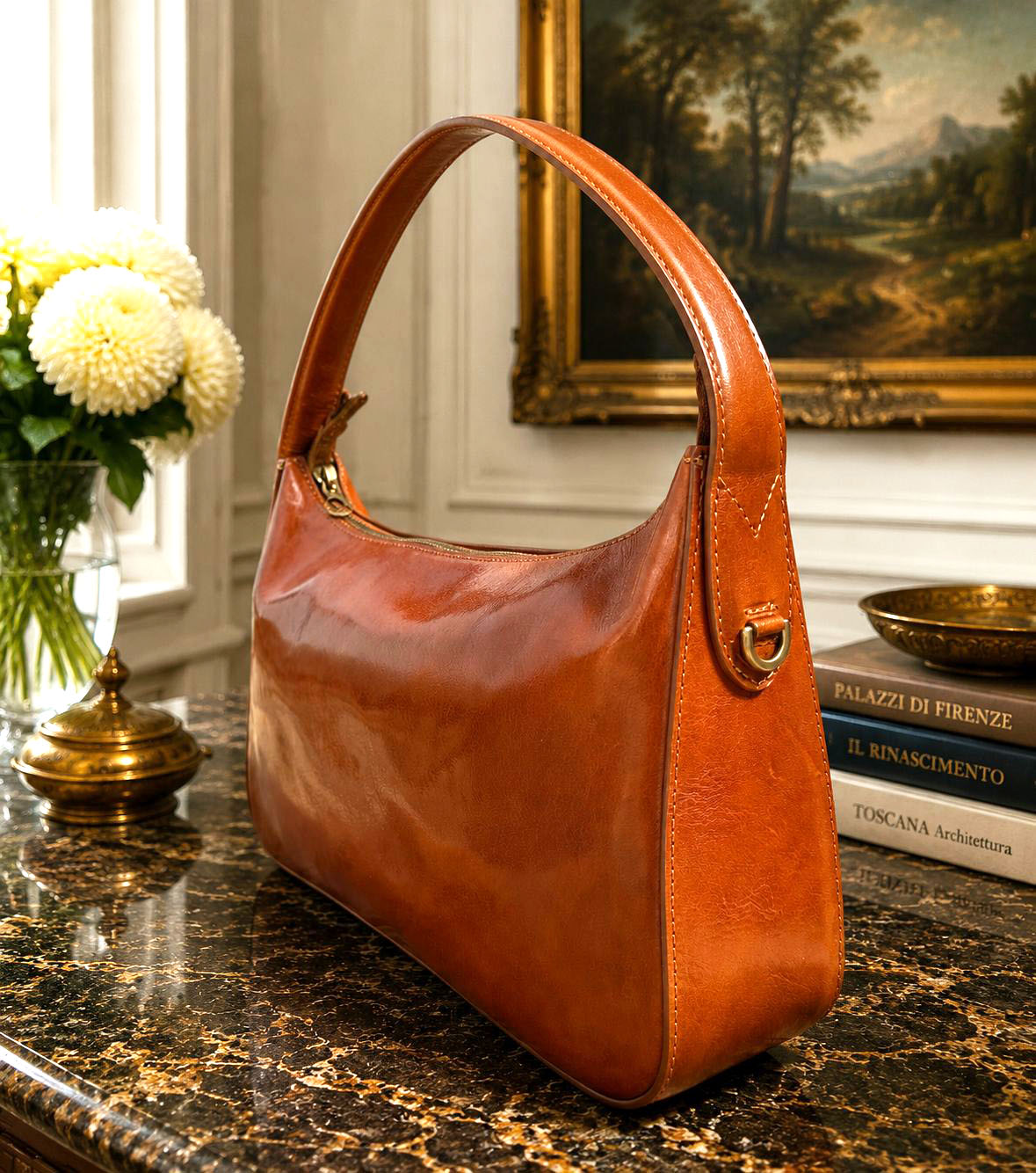 Leonia Hand-Dyed Italian Leather Crescent Hobo Bag
