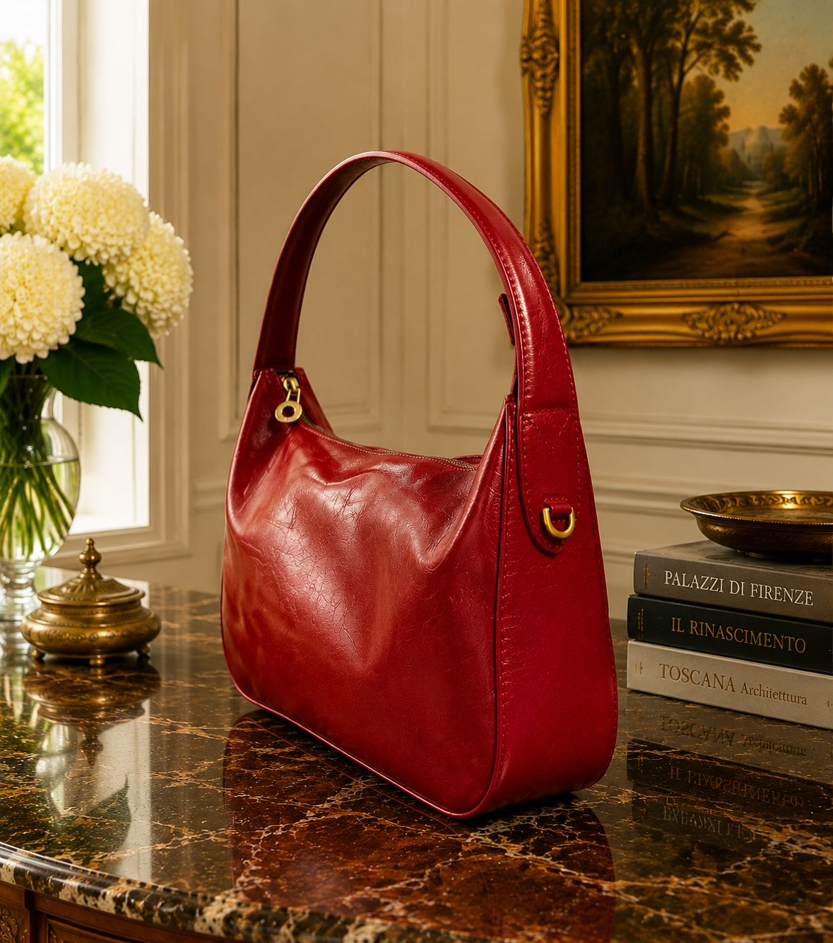 Leonia Hand-Dyed Italian Leather Crescent Hobo Bag
