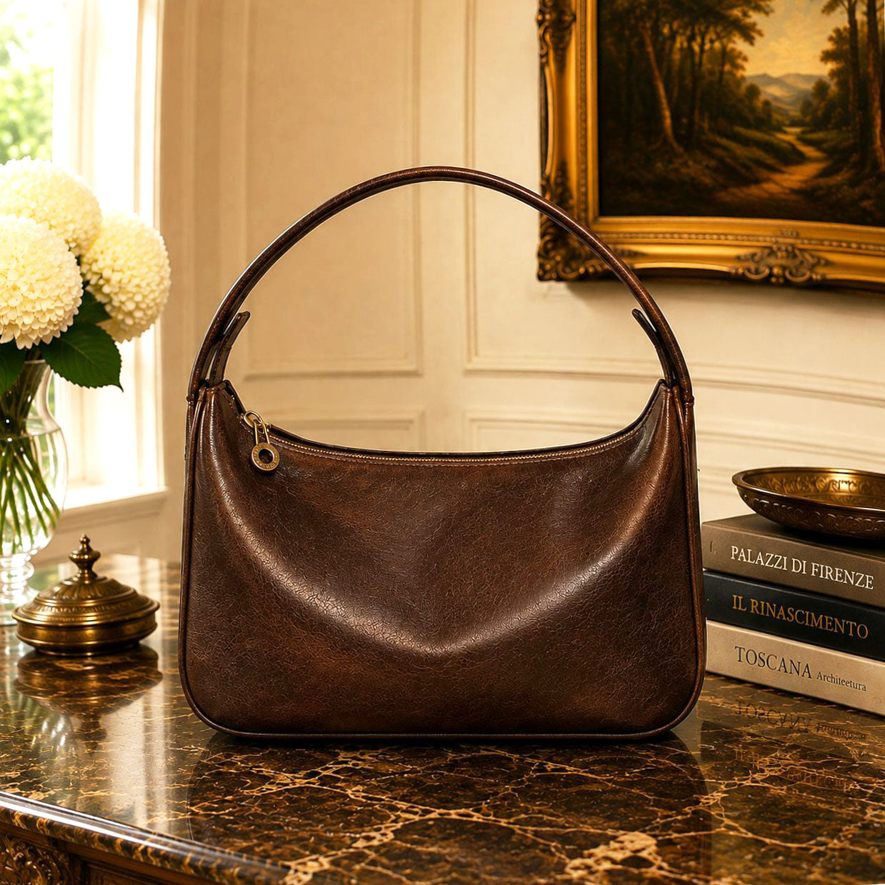 Leonia Hand-Dyed Italian Leather Crescent Hobo Bag