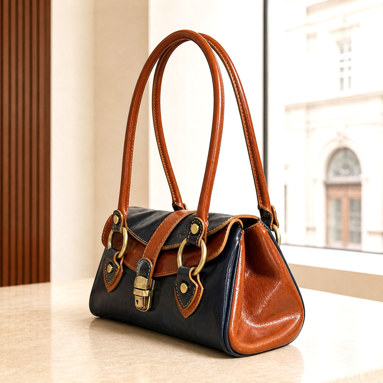 Tosca Dual-Compartment Italian Leather Baguette Bag