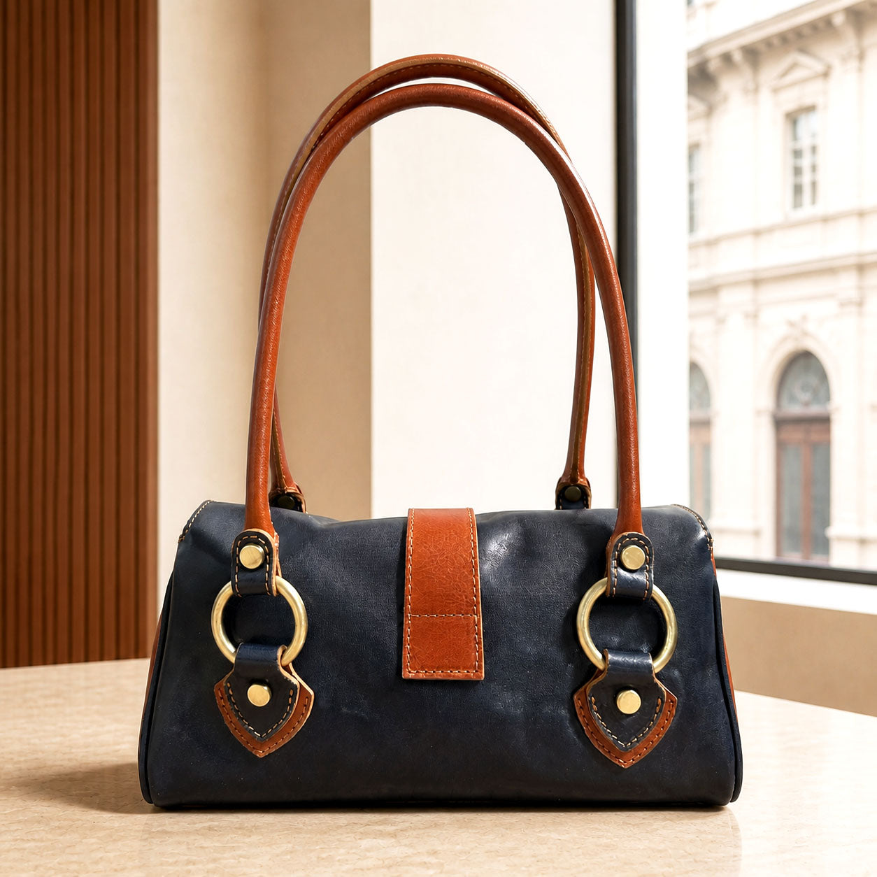 Tosca Dual-Compartment Italian Leather Baguette Bag