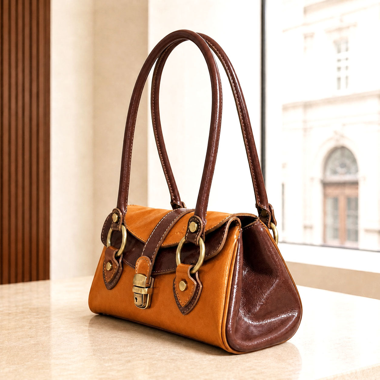 Tosca Dual-Compartment Italian Leather Baguette Bag