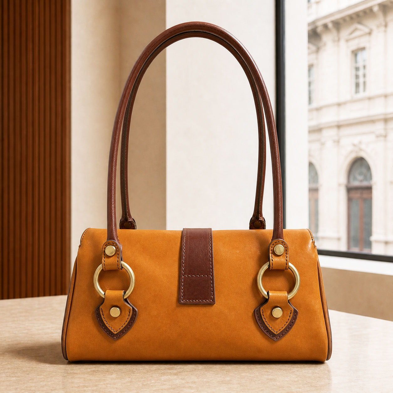 Tosca Dual-Compartment Italian Leather Baguette Bag