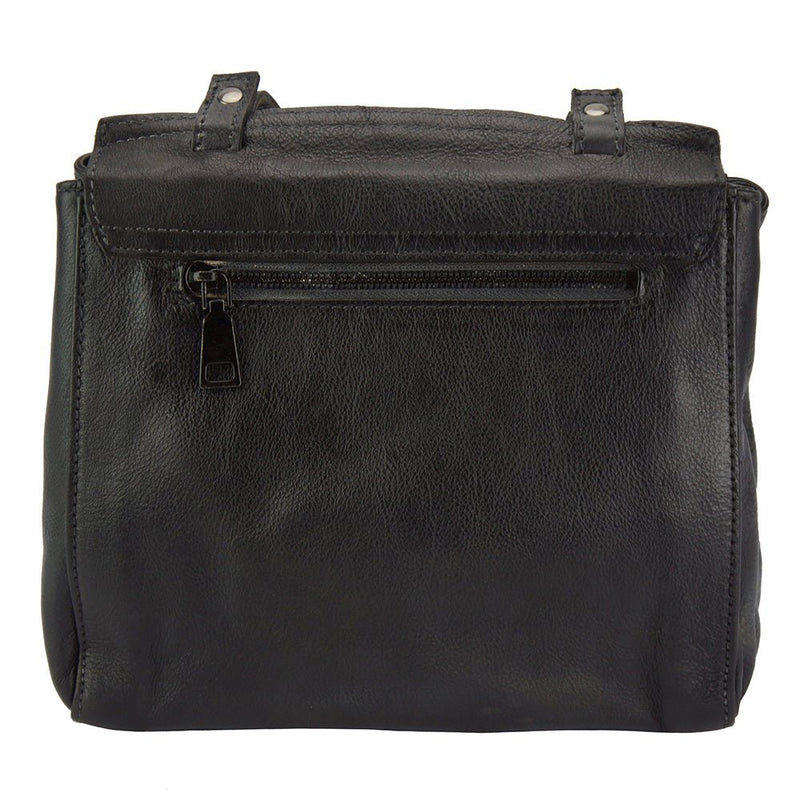 Back view of Black Leather Work Bag with exterior zip pocket - Livio