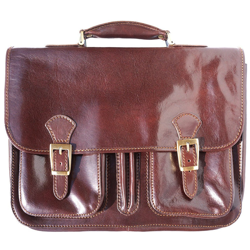 Leather briefcase with two compartments in dark brown