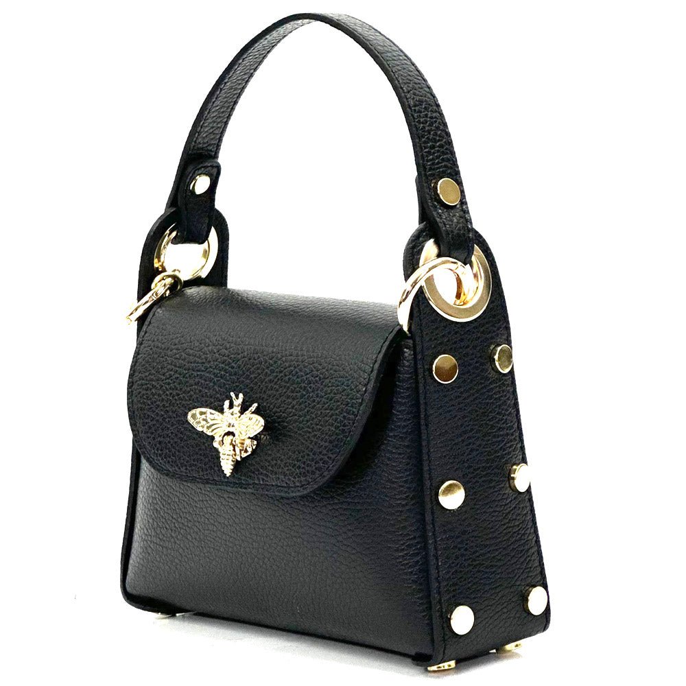 black leather bag - angled view