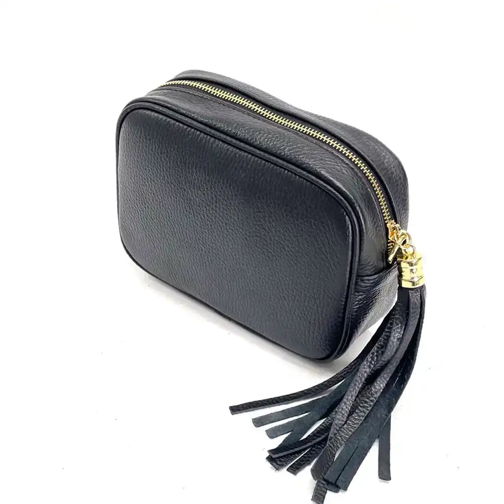 Angled view of Amara Black Leather Shoulder Bag