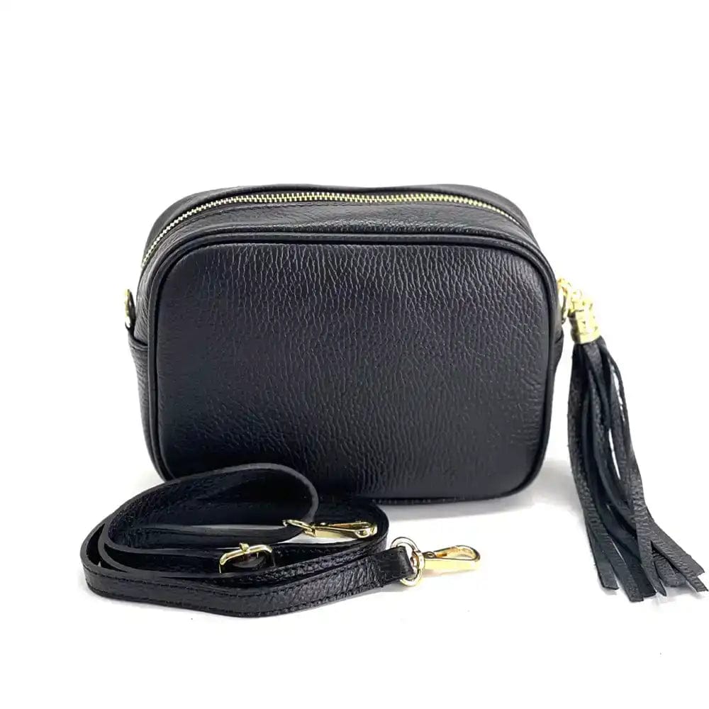Front view of Amara Black Leather Shoulder Bag