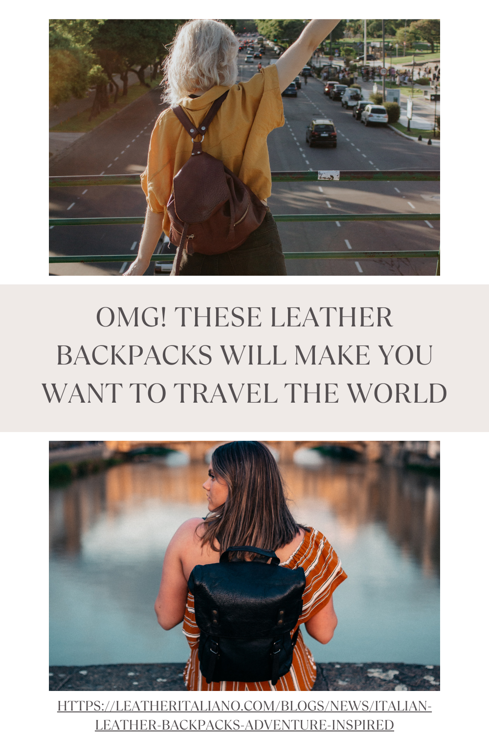 A diverse group of travelers exploring a city, all carrying stylish Italian leather backpacks.