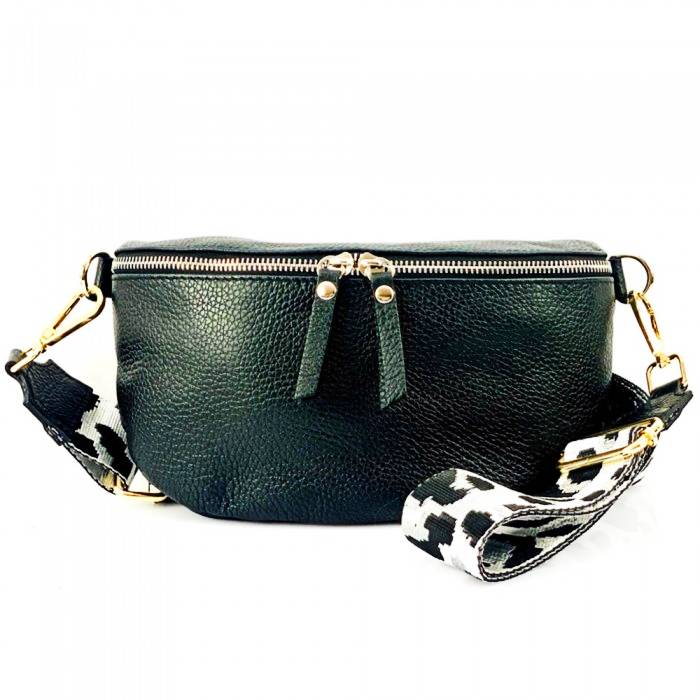 Black leather belt bag for woman front view