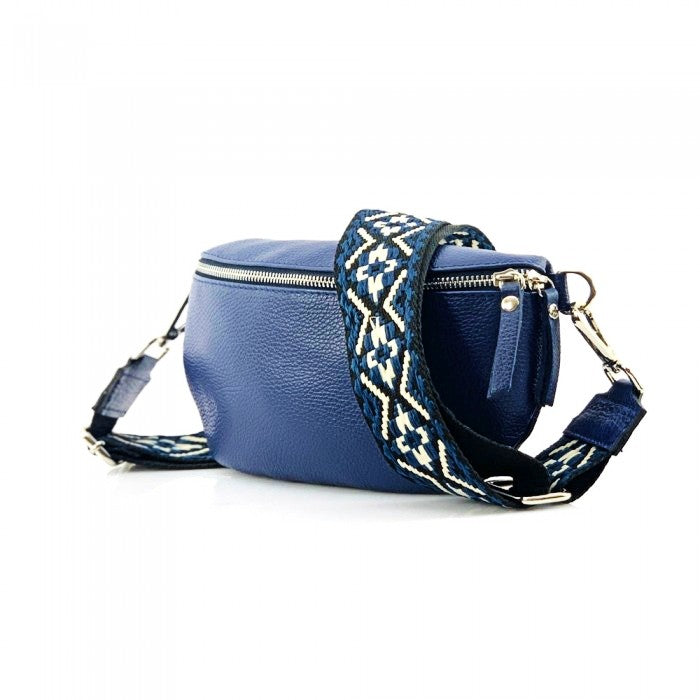 Men's blue leather waist bag angled view