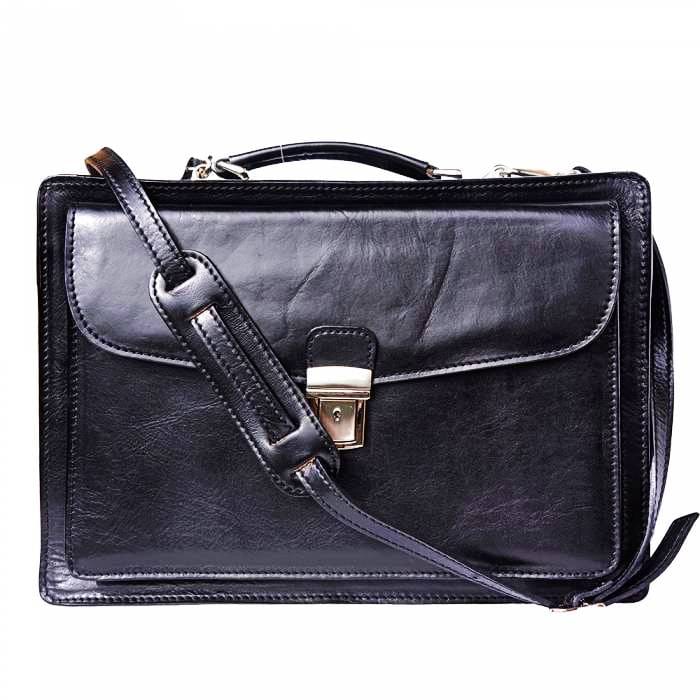 Business class black leather briefcase made by skilled Italian artisans