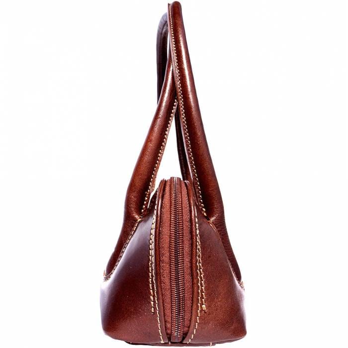 Side view of Chocolate Brown leather bag showing both handles