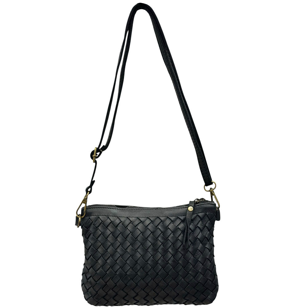 Black woven handbag with a strap on a white background