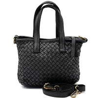 Black woven leather handbag with double top handles and a detachable shoulder strap, shown on a plain white background.
