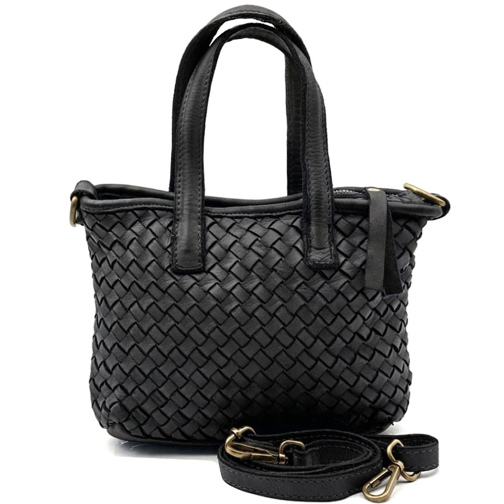 Black woven leather handbag with double top handles and a detachable shoulder strap, shown on a plain white background.