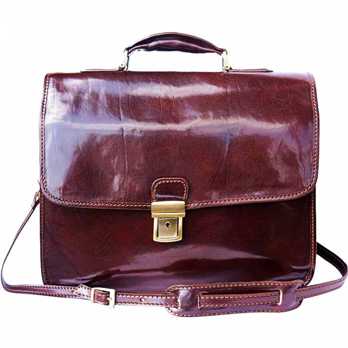 Rich brown leather satchel bag for men with adjustable shoulder strap.