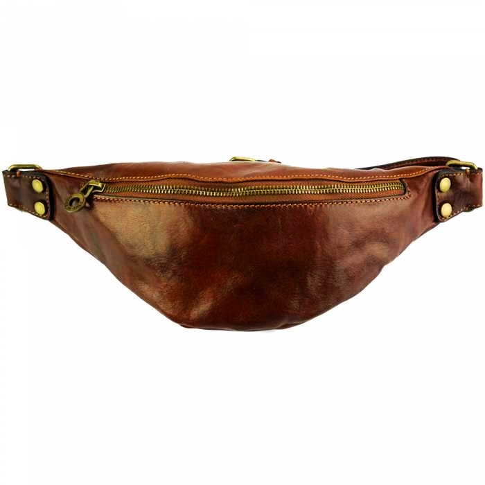 Mens brown leather bum bag with bronze fittings - front view