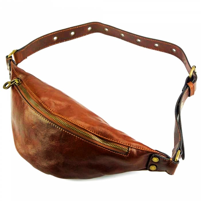 Mens leather bum bag with dark brown showing zipper closure and adjustable strap