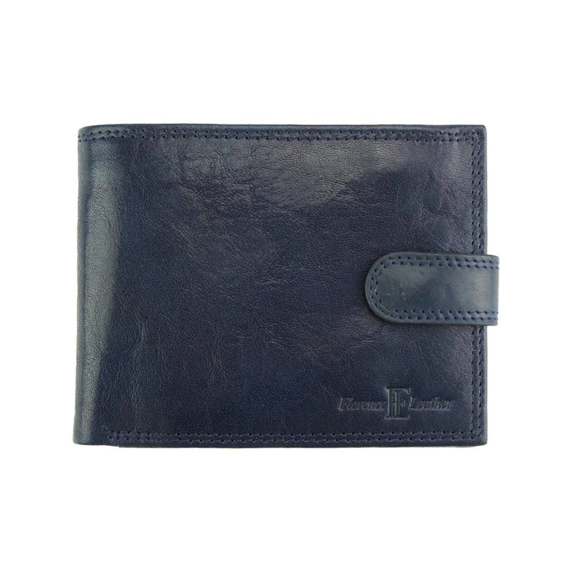 Front view of the Martino V leather wallet in blue showing button closure