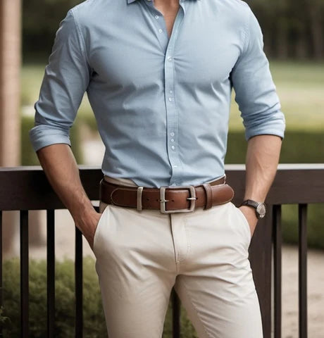 Man wearing a light blue shirt and beige pants with a brown belt, standing outdoors.