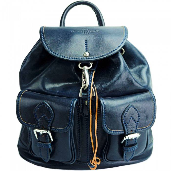 Blue leather backpack front view