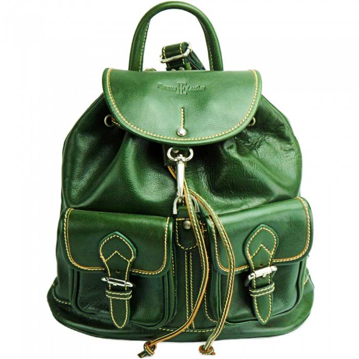 Tropea green leather backpack front view