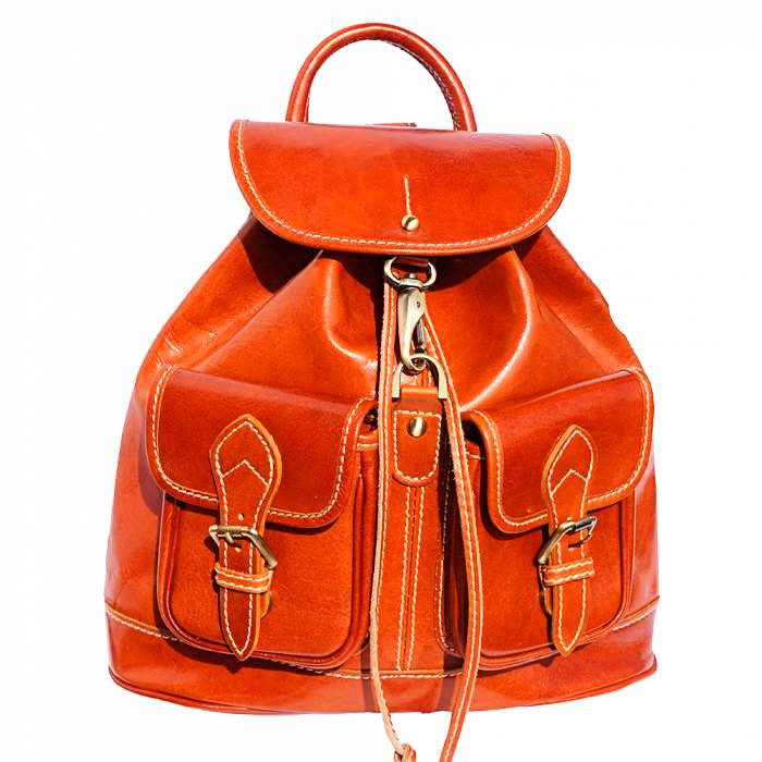 Tan leather backpack front view