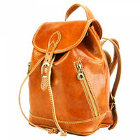 Angled view of Amalfi Tan Leather Backpack Purse
