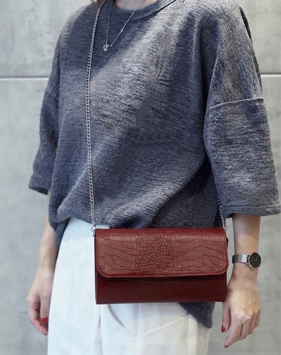 Amelia Croc Embossed Leather Clutch & Crossbody Bag - Leather Italiano
