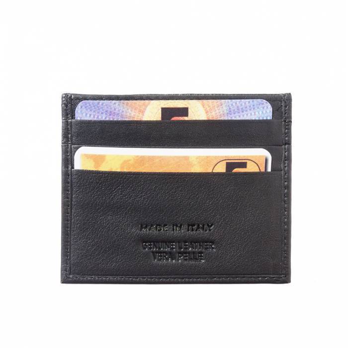 front view of black leather cardholder made in Italy