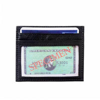 front view of black leather cardholder with transparent window